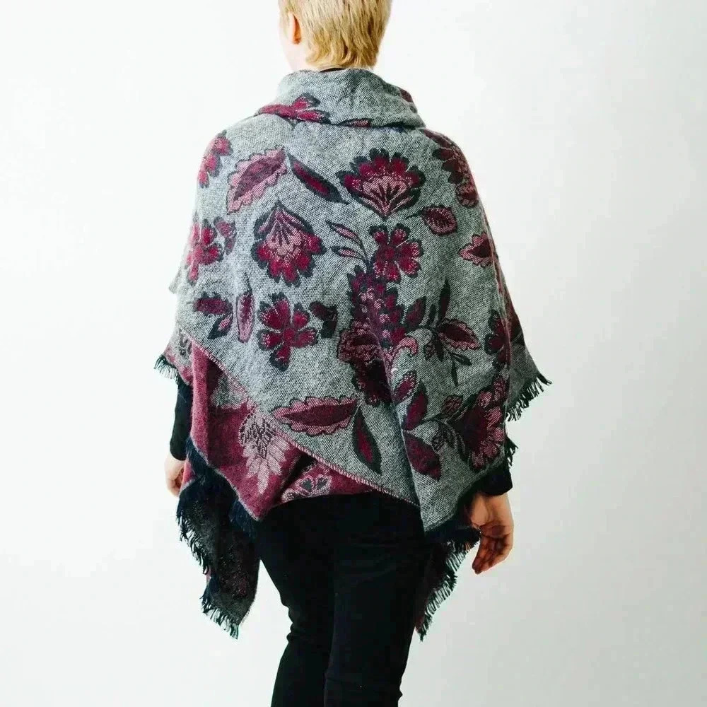 Floral Shaw Afgan Blanket Poncho - Picture 6 of 9